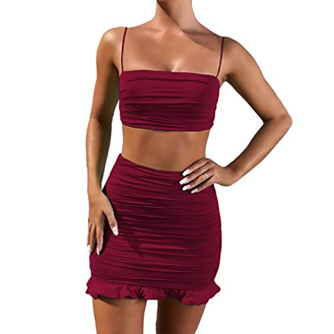 Fashion Yying Conjunto Mujer Correa de Espagueti Crop Top Sexy Mini Falda Bodycon Ruffles Party Outfit Club Conjuntos de Dos Piezas