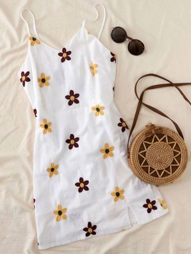 Slit Hem Floral Embroidery Cami Dress