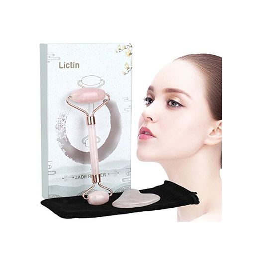 Lictin Rodillo de Jade Facial Masaje- 2 pcs Gua Sha Facial