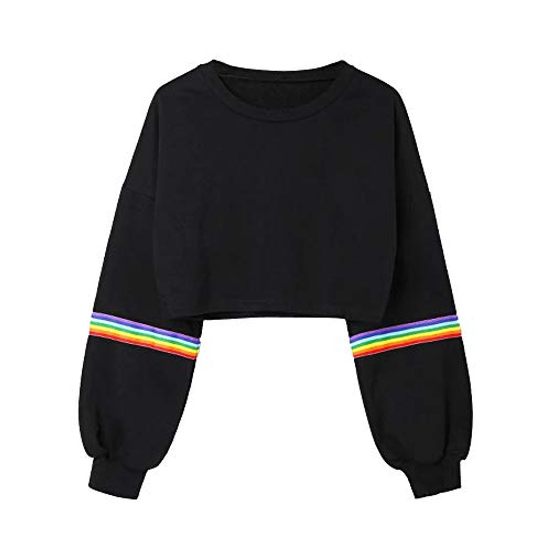 Productos Sudaderas Mujer BaZaHei Suéter de Manga Larga con Cuello Redondo y Manga Corta Sudadera Corta Jersey Rayas Arcoiris Cortas Adolescentes Chicas Patchwork Negro Moda Top para Mujer Otoño Invierno