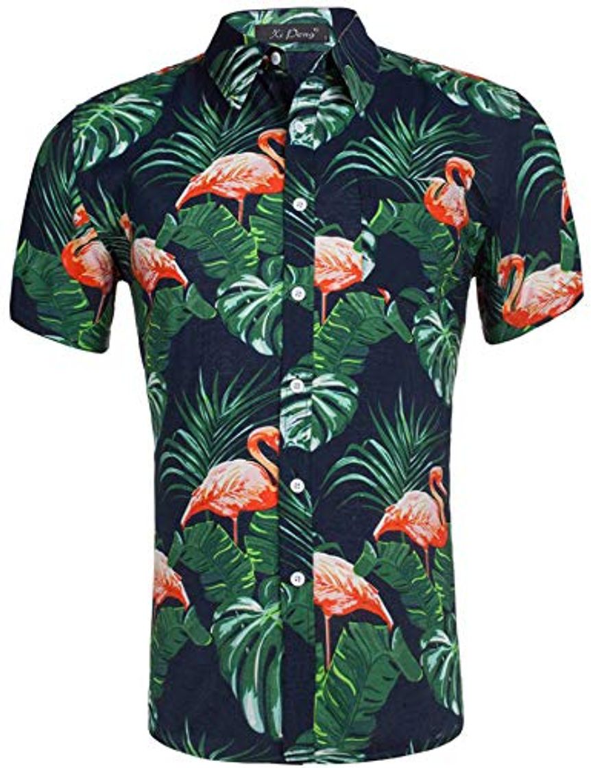 Fashion Loveternal Camisa Hawaiana Hombres Botón Abajo Camisa Flamenco Amarilla Algodón de Manga Corta Camisa Estampada 3D Vacaciones Hawaii Shirt M