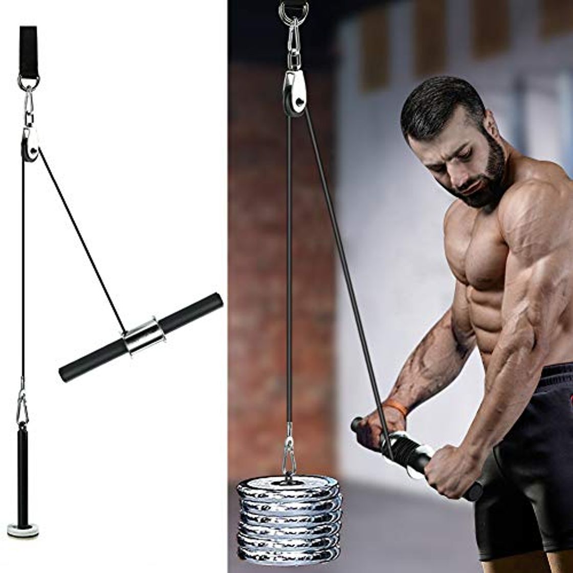 Product Pellor Rodillo para antebrazo de muñeca con polea para Gimnasio y Entrenamiento de Fuerza [Cuerda de Alambre de Agarre y Tubo de Acero]