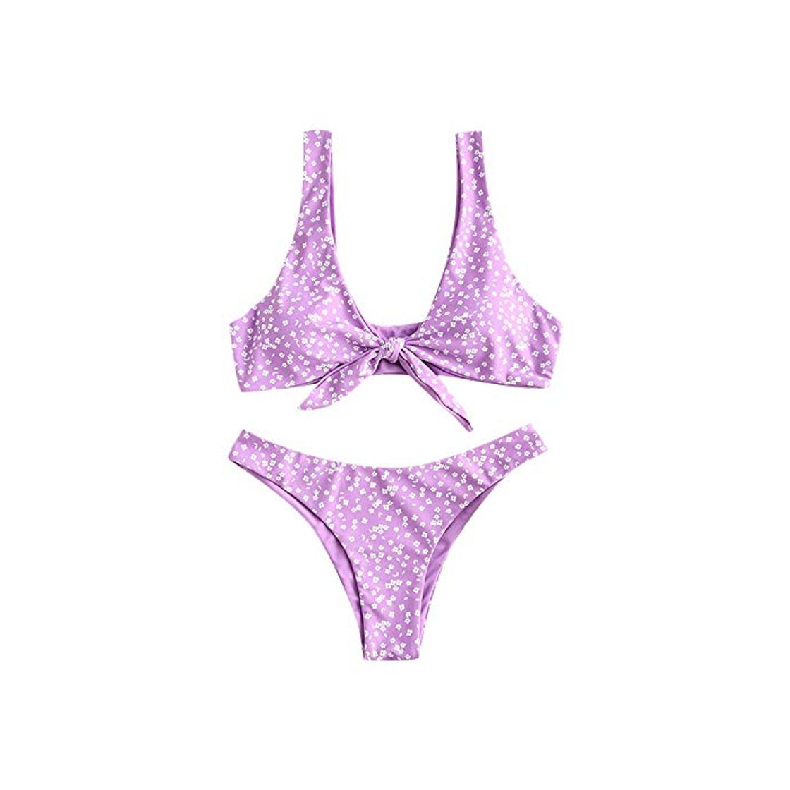 Moda ZAFUL Mujer Flores Bajo Cintura Delantera Bikini Set Dulce Dos Unidades Bañador morado S