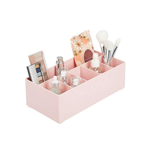 mDesign Organizador de cosméticos para el lavabo o el tocador – Caja organizadora de plástico libre de BPA para guardar el maquillaje – Moderna cesta de baño con 6 compartimentos – rosa