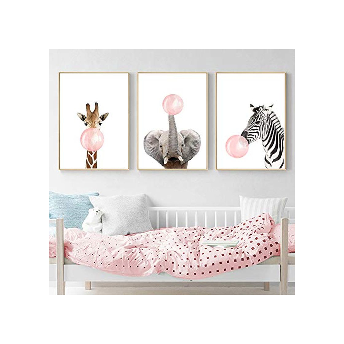 Productos 3 Laminas Animales Elefante Jirafa Cebra Chicle Rosa Pósteres Decorativas Pared Infantil