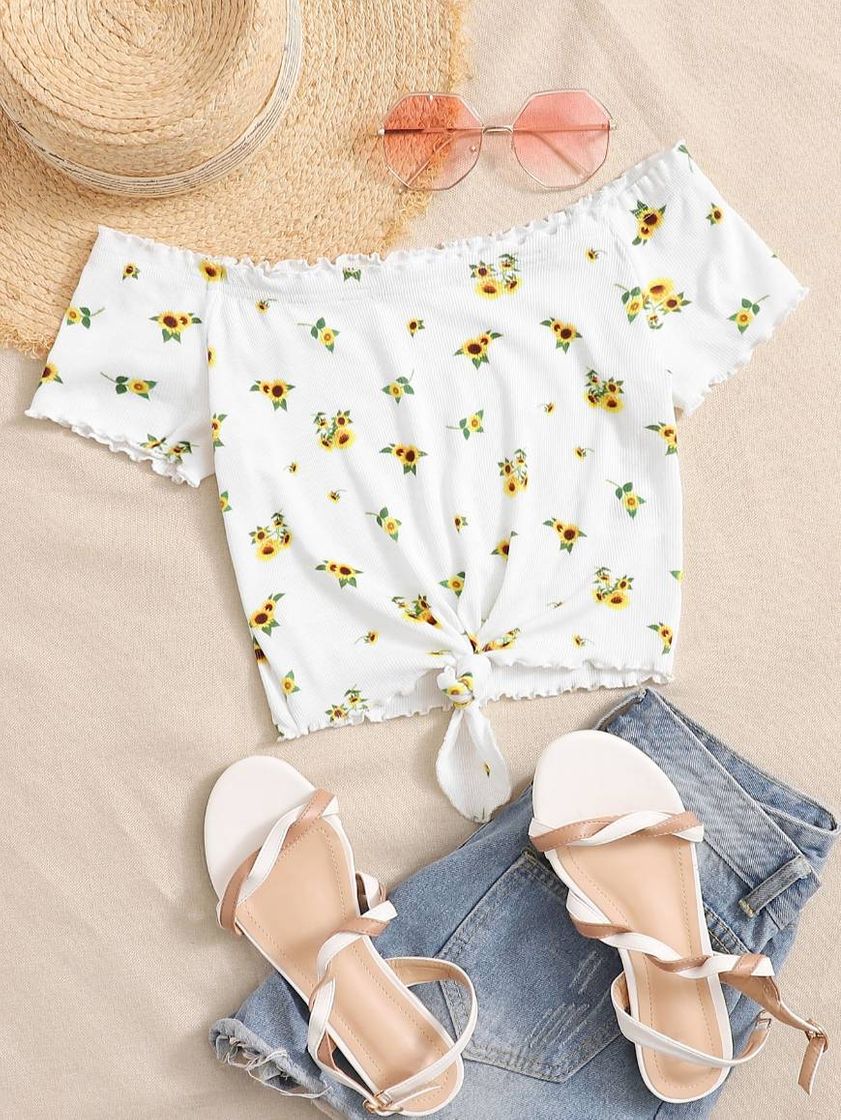 Moda Top de hombros descubiertos con estampado de girasol