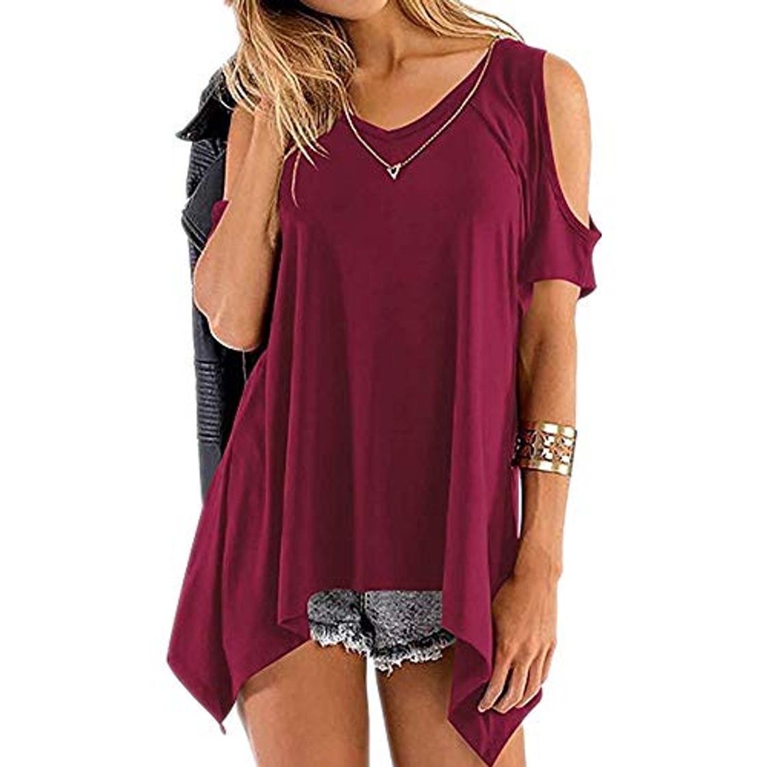 Moda x8jdieu3 Summer Women Cuello de Pico Europeo y Americano sin Tirantes de Manga Corta Dobladillo Irregular Camiseta de Mujer Camiseta Tops de Mujer