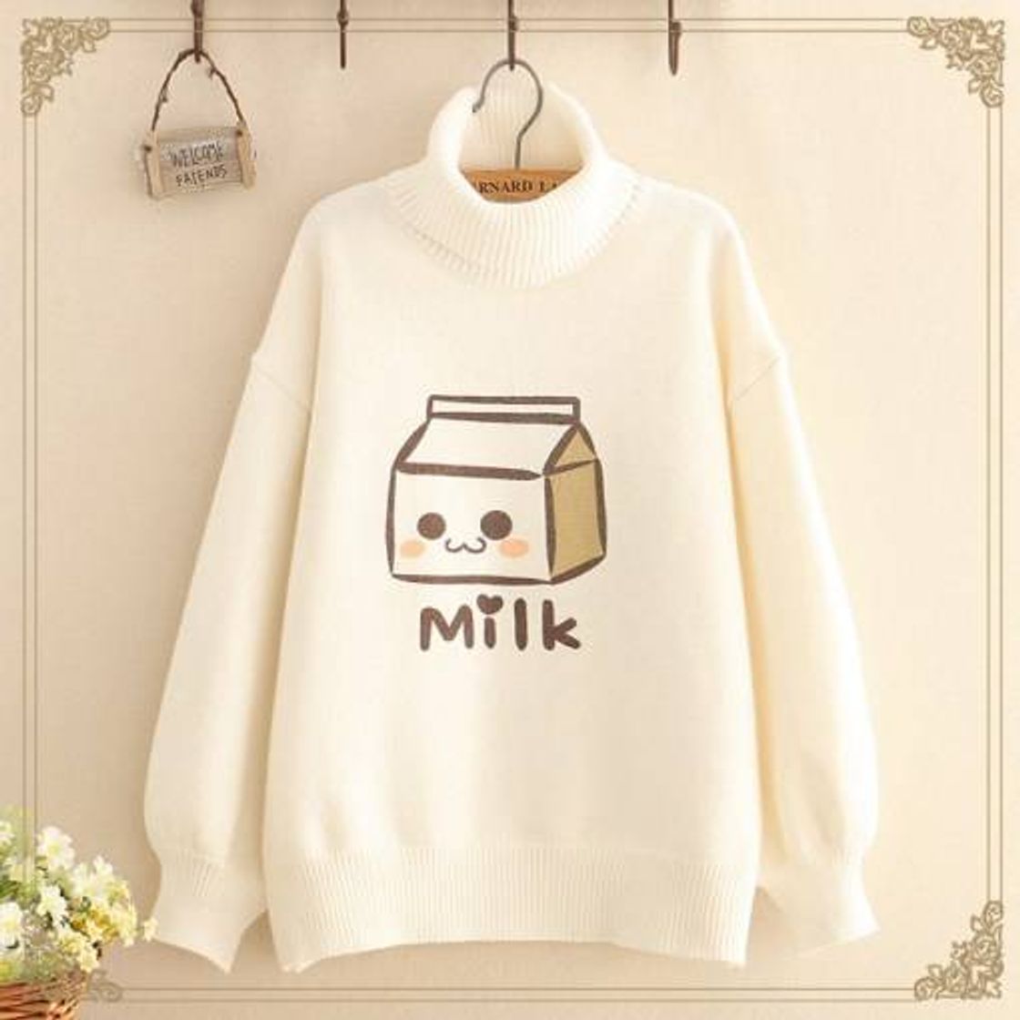 Moda 🍥Jersey Kawaii de Leche y Cuello Alto de Manga Larga🍥

