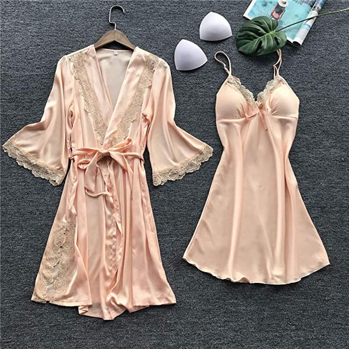 Moda Yesmile Lencería Mujer Seda Vestido de Bata de Encaje Babydoll Ropa de Dormir Seda Conjunto Sexy Pijama de Encaje Cardigan Robe Dos Piezas