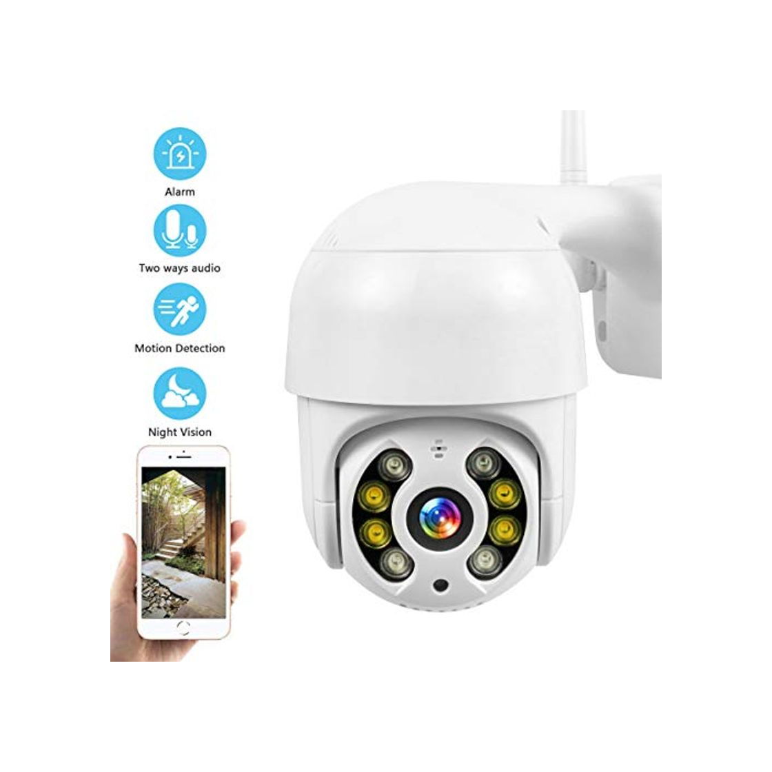 Producto PTZ Camara Vigilancia, Camara WiFi Exterior Impermeable IP66 con Audio de Dos