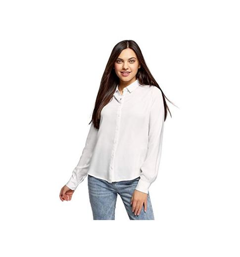 oodji Ultra Mujer Blusa Básica de Viscosa, Blanco, ES 38