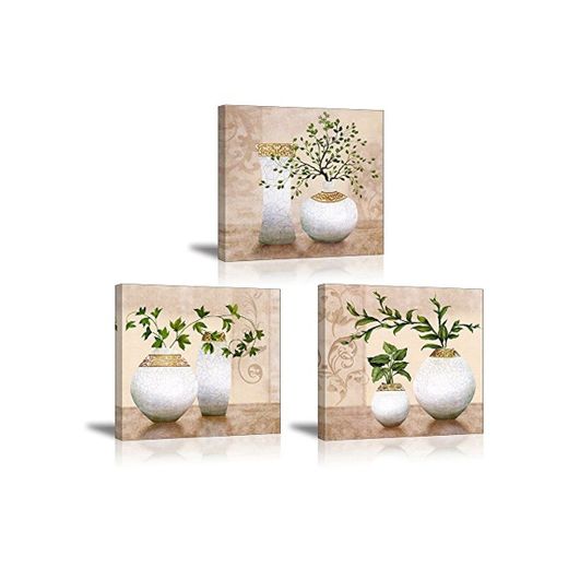 PIY 3X Cuadro Sobre Lienzo Imagen de Plantas Verdes Elegantes en Botellas de jarrón Canvas Wall Art de la Lona Arte de Pared Listo para Colgar Cuadros Sobre el Lienzo con Sala Comedor Cocina 30x30cm