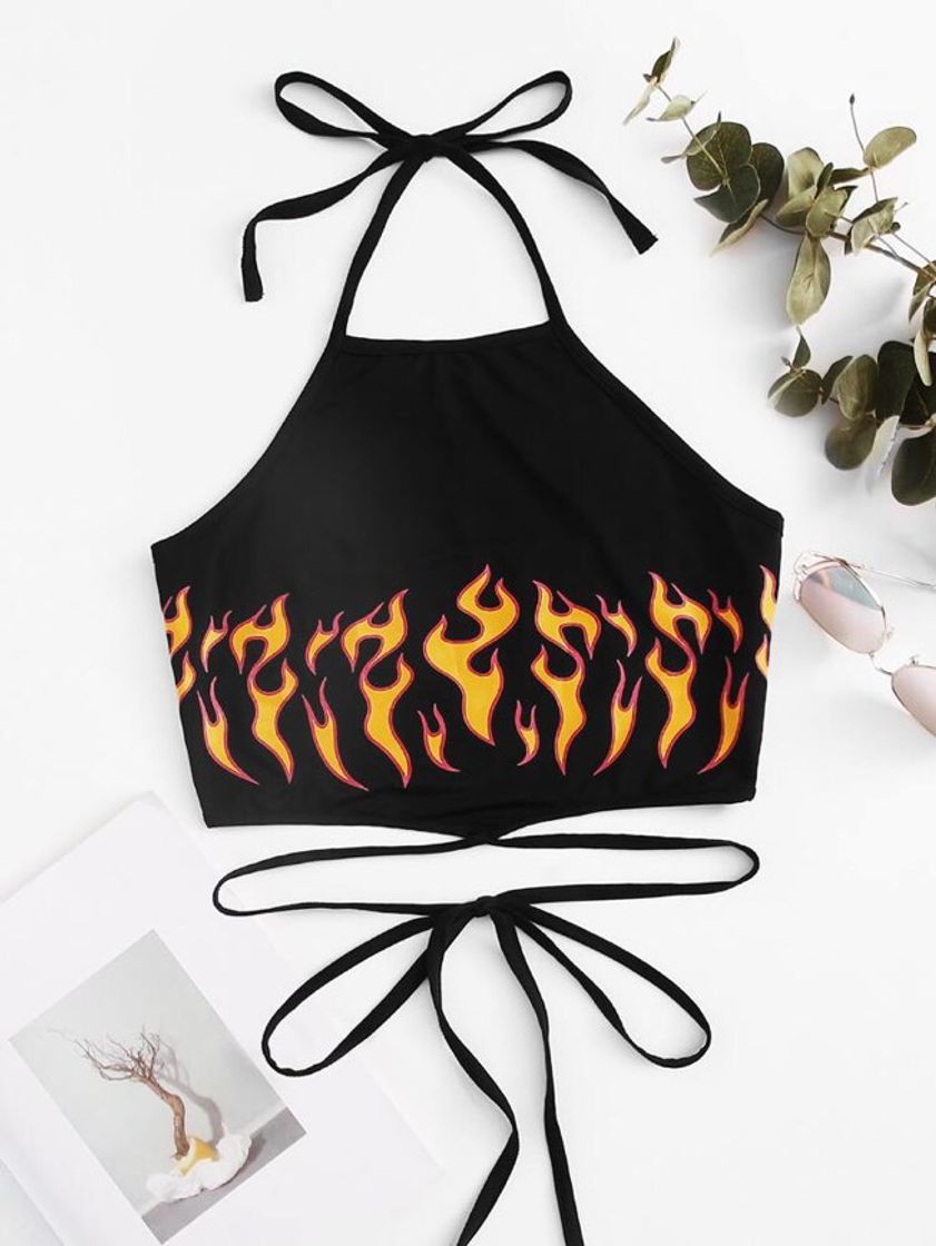 Fashion Top Halter De Espalda Con Cordón Con Estampado De Fuego🖤🔥