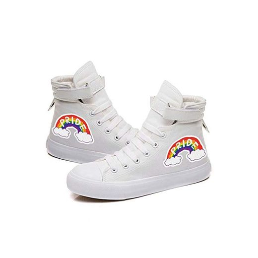 Godmoy Zapatos de lona Rainbow para mujer Zapatillas de deporte LGBT Coloridas zapatillas altas para adultos Tobilleras planas Zapatos de tenis con cordones Gay Pride