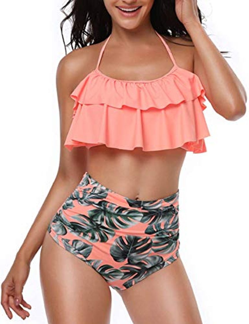 Fashion heekpek Conjunto de Bikini Mujer de Cintura Alta Traje de Baño de Dos Piezas Volantes Correas de Espagueti Bañador Plisado Estampado Rayas Ropa de Playa Tallas Grandes