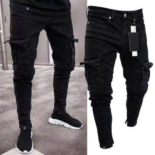 2018 Men Men Slim Biker Zipper Destroyed Jeans Skinny Frayed Trousers Distressed