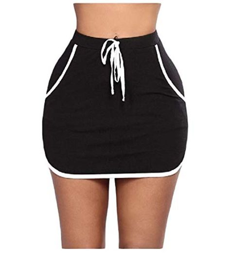 DressUWomen Equipada con tiras de bolsillo de la cintura elástico de la tela a rayas de empalme minifalda para Mujers Negro Pequeño