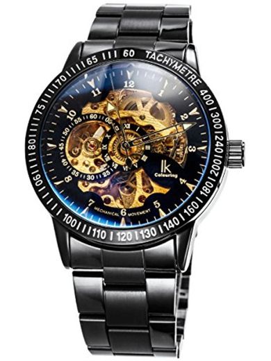 Alienwork IK Reloj Mecánico Automático Relojes Automáticos Hombre Mujer Acero Inoxidable Negro Analógicos Unisex Impermeable Esqueleto