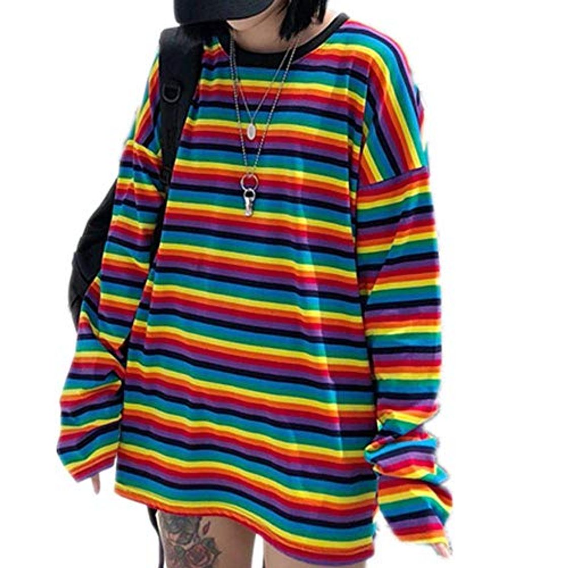 Social Tasty Life Sudadera A Rayas Rainbow Camiseta para Mujer, Color Cuello Redondo