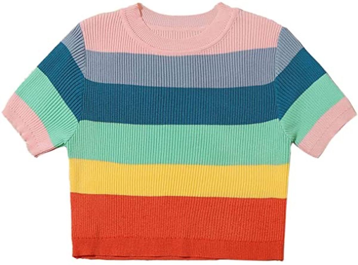 Moda Romwe Women's Casual Rainbow Striped Short Sleeve Rib Knit