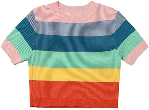 Romwe Women's Casual Rainbow Striped Short Sleeve Rib Knit