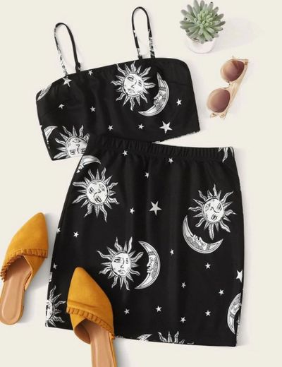 Conjunto top y falda con estampado de sol y luna
