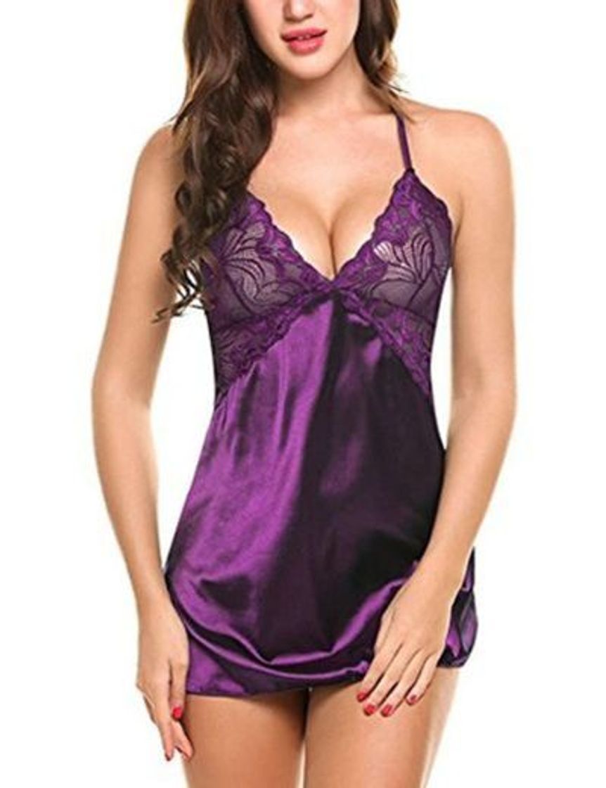 Avidlove Mujer Ropa de Dormir Sexy con Tanga Babydoll Tirante Backless(Púrpura S)