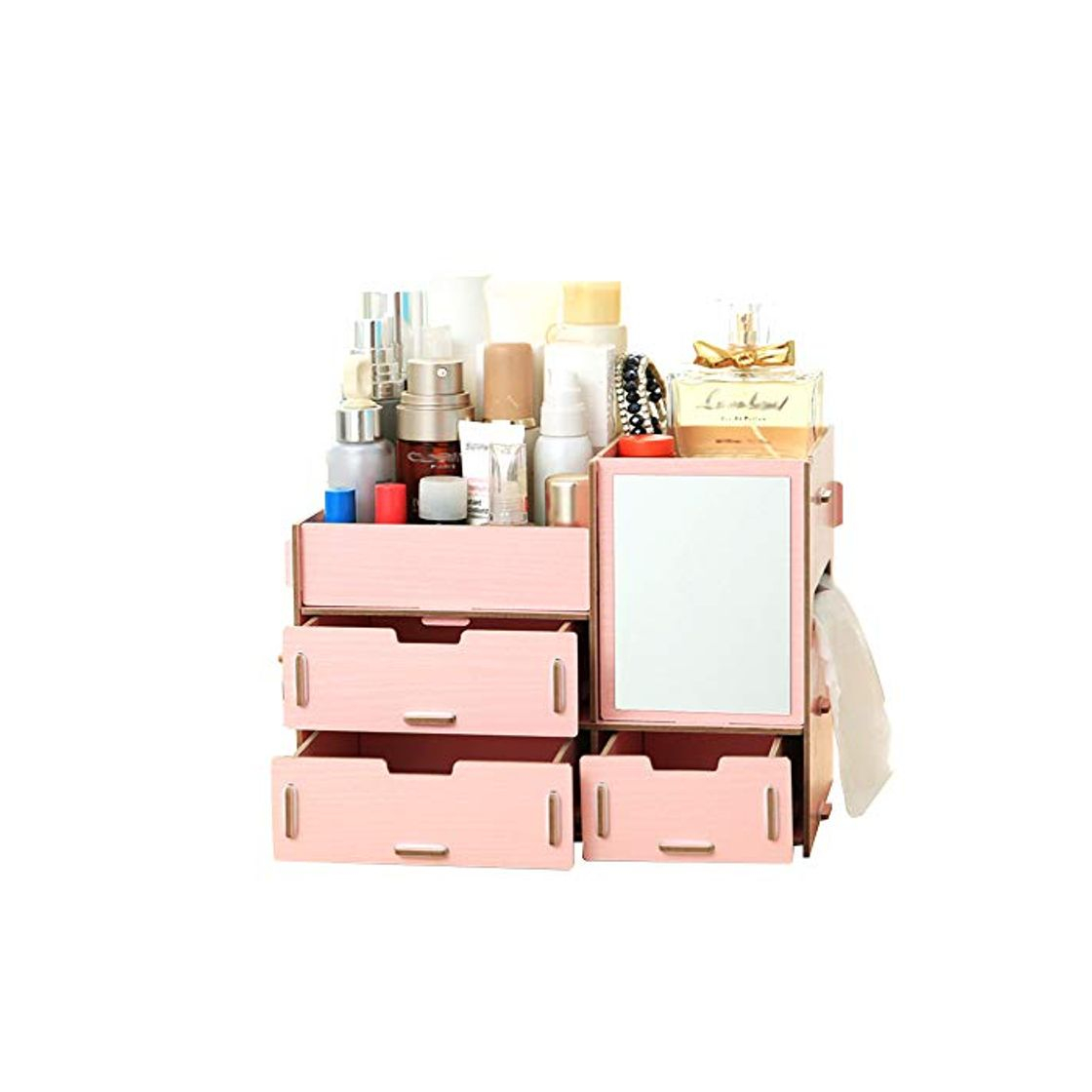 Fashion Caja de almacenamiento de escritorio multifuncional Caja de organizador de maquillaje de madera con espejo Cajones múltiples Capacidad grande Contenedor de joyería DIY Caja de almacenamiento cosmética