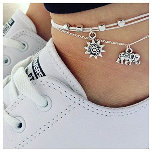 Handcess Boho - Tobillera de plata con cuentas y elefante tejido