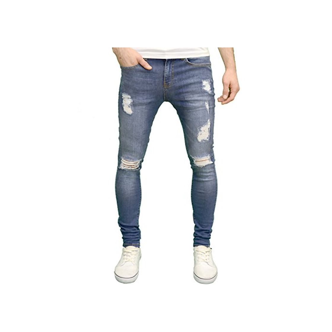 Fashion Enzo - Pantalones vaqueros pitillo rotos para hombre Mediados Stonewash 42W