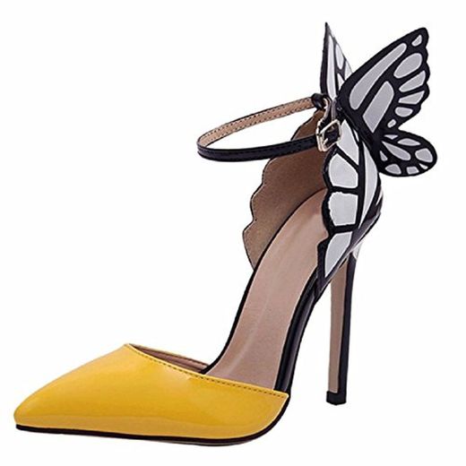 Minetom Mujer Elegante Estiletes Verano Sandalias Moda Tacón Alto Zapatos Con Mariposa Amarillo 36