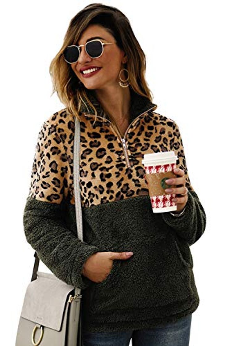 Moda Sudadera de Mujer Fleece Invierno Cálido Estampado Leopardo Camiseta Manga Larga Camisa Cuello Alto Túnica de Bolsillo Cremallera Sudadera Cremallera Top Vintage Blusa Retazos Tops Outwear Streetwear