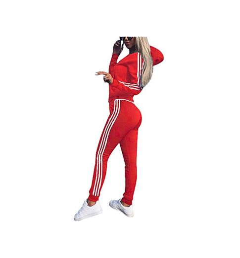 Yesgirl Conjunto De Dos Piezas para Mujer Raya Colorblock Trajes De Chándal Sudadera con Capucha De Manga Larga Sudadera Y Pantalones Largos Joggers Suit Lounge Sweatsuit Rojo 40