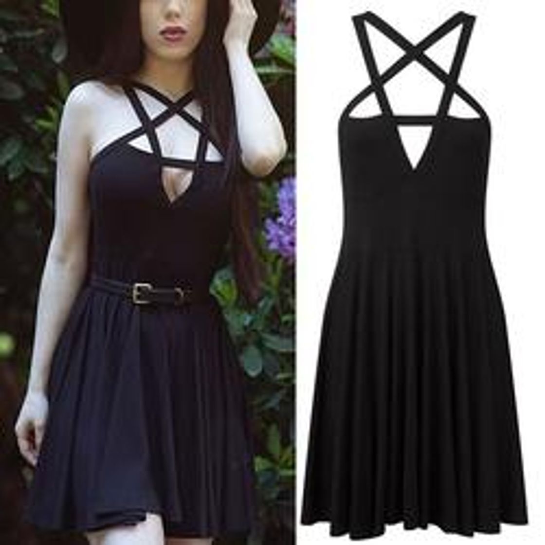 Moda Gothic pentagram black dress