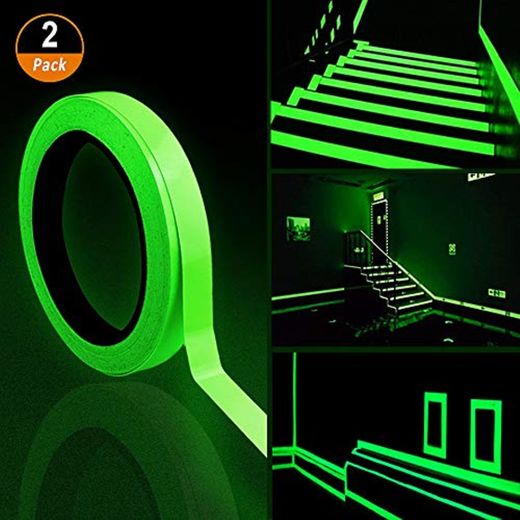 Cinta Adhesiva Luminosa 2pcs Verde Impermeable Pegatina de Cinta Fluorescente 10m x 10mm Cinta Autoadhesiva Luminosa de Seguridad