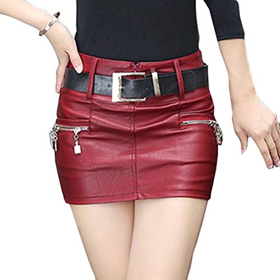 Social Hongxin Mujeres Mini Falda de Cuero de la PU de Fresca Cintura Alta Cremallera Plisada Falda Corta Decorativa Mini Falda de Estiramiento Sexy lápiz Falda