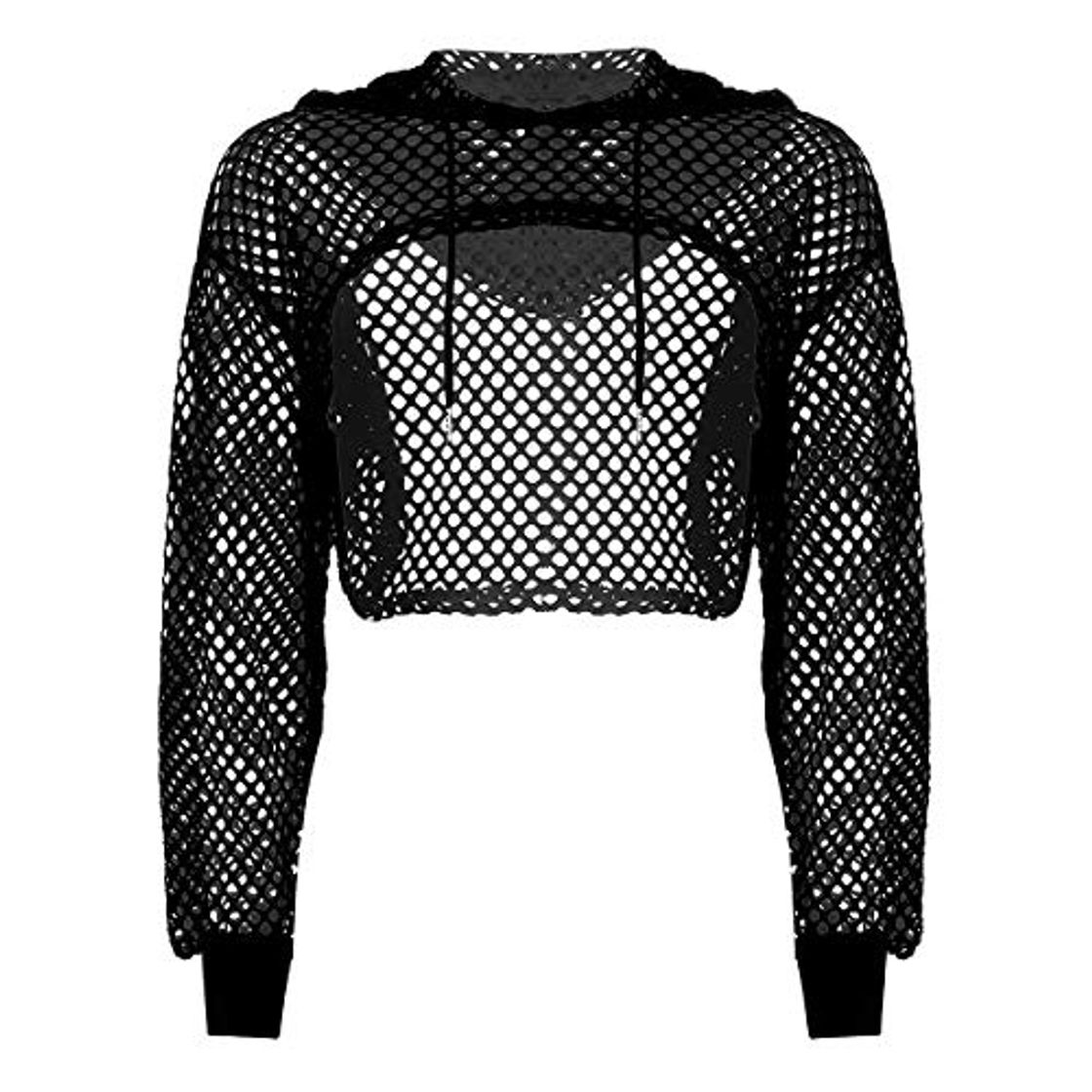 Social iiniim Crop Top con Capucha Mujer Manga Larga de Malla Transparente Pecho Abierto Blusa Chaleco Sexy Tops Camiseta Corta Traje Club Danza Fiesta Mesh Fishnet Hooded Shirts Negro S
