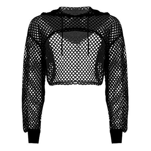 iiniim Crop Top con Capucha Mujer Manga Larga de Malla Transparente Pecho Abierto Blusa Chaleco Sexy Tops Camiseta Corta Traje Club Danza Fiesta Mesh Fishnet Hooded Shirts Negro S