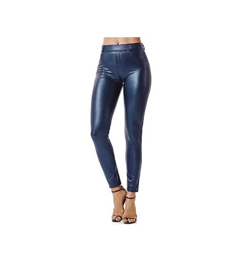 FITTOO Mujeres PU Leggins Cuero Brillante Pantalón Elásticos Pantalones para Mujer Azul