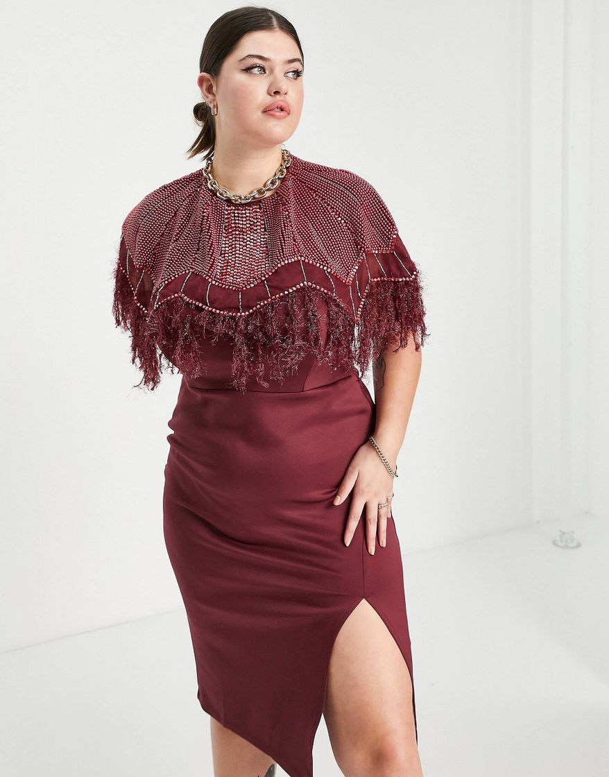 Fashion Vestido curve plumas burdeos