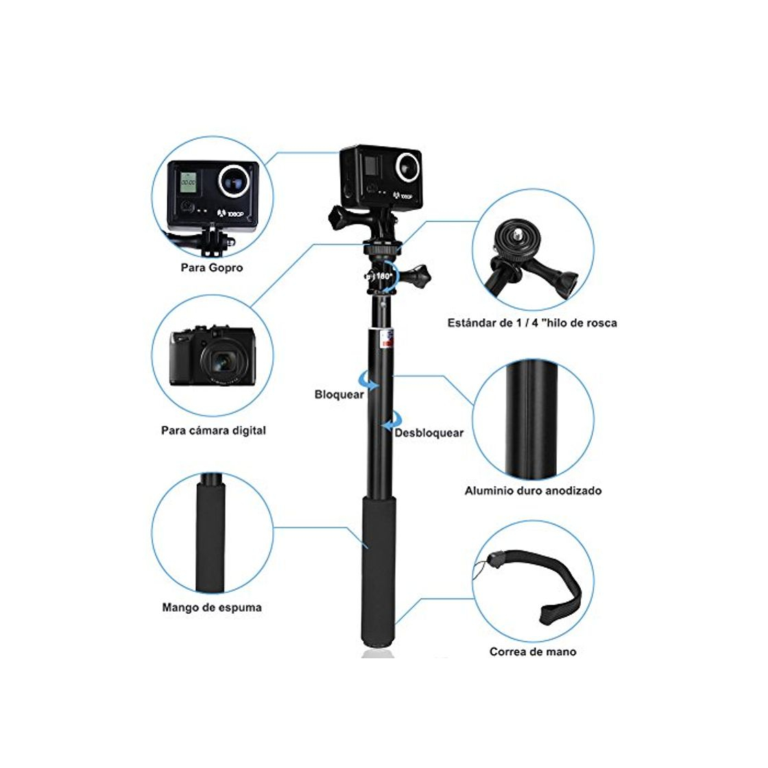 Producto GHB Palo Selfie Gopro para Poste de extensión telescópica Gopro Palo con