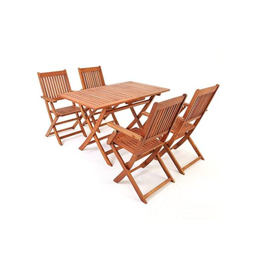 Deuba Conjunto de jardín "Sydney" de madera de Acacia comedor exterior 1 mesa y 4 sillas con reposabrazos 5 pzs terraza