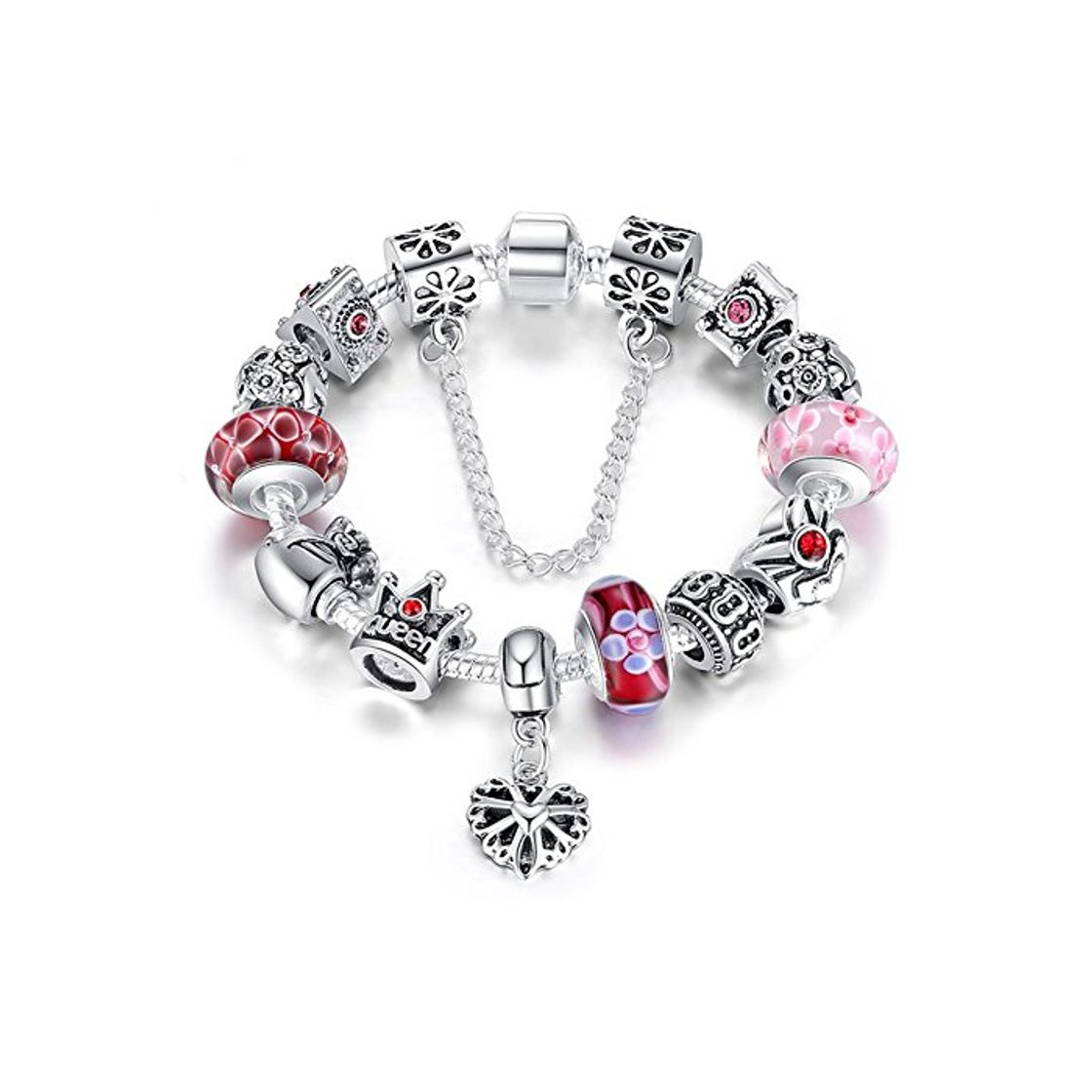 Fashion ATE Charm Pulsera Abalorios Corona Corazón Mujeres Cadena Seguridad JWB110