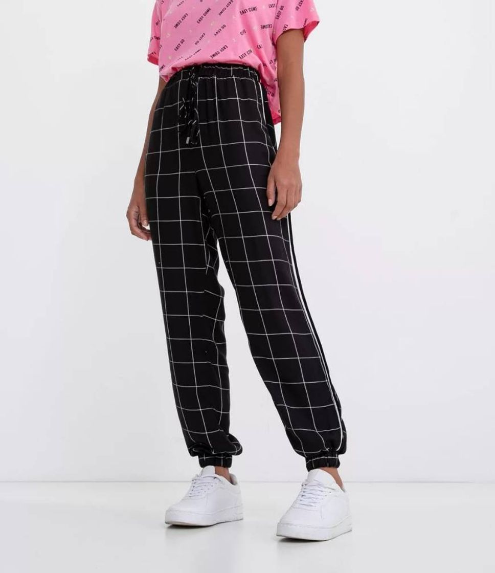 Fashion Calça Jogger Xadrez Grid com Amarração Preto