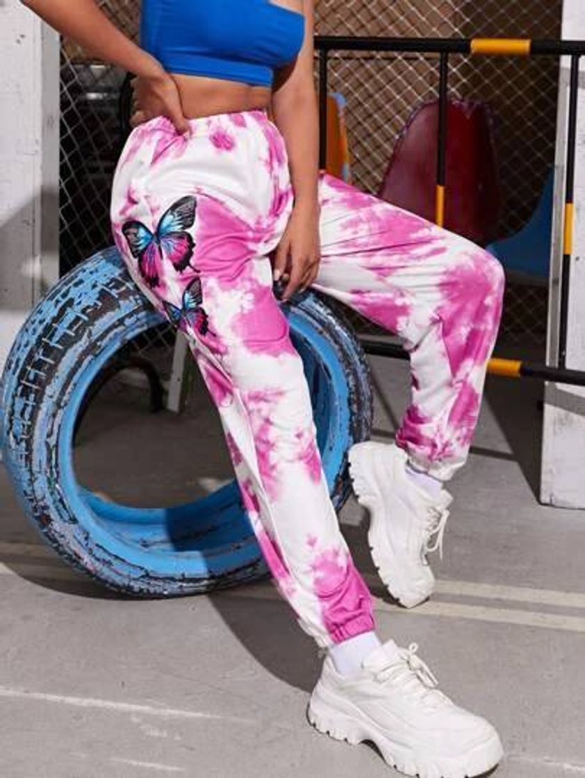 Fashion Pantalon deportivo tie dye con mariposas