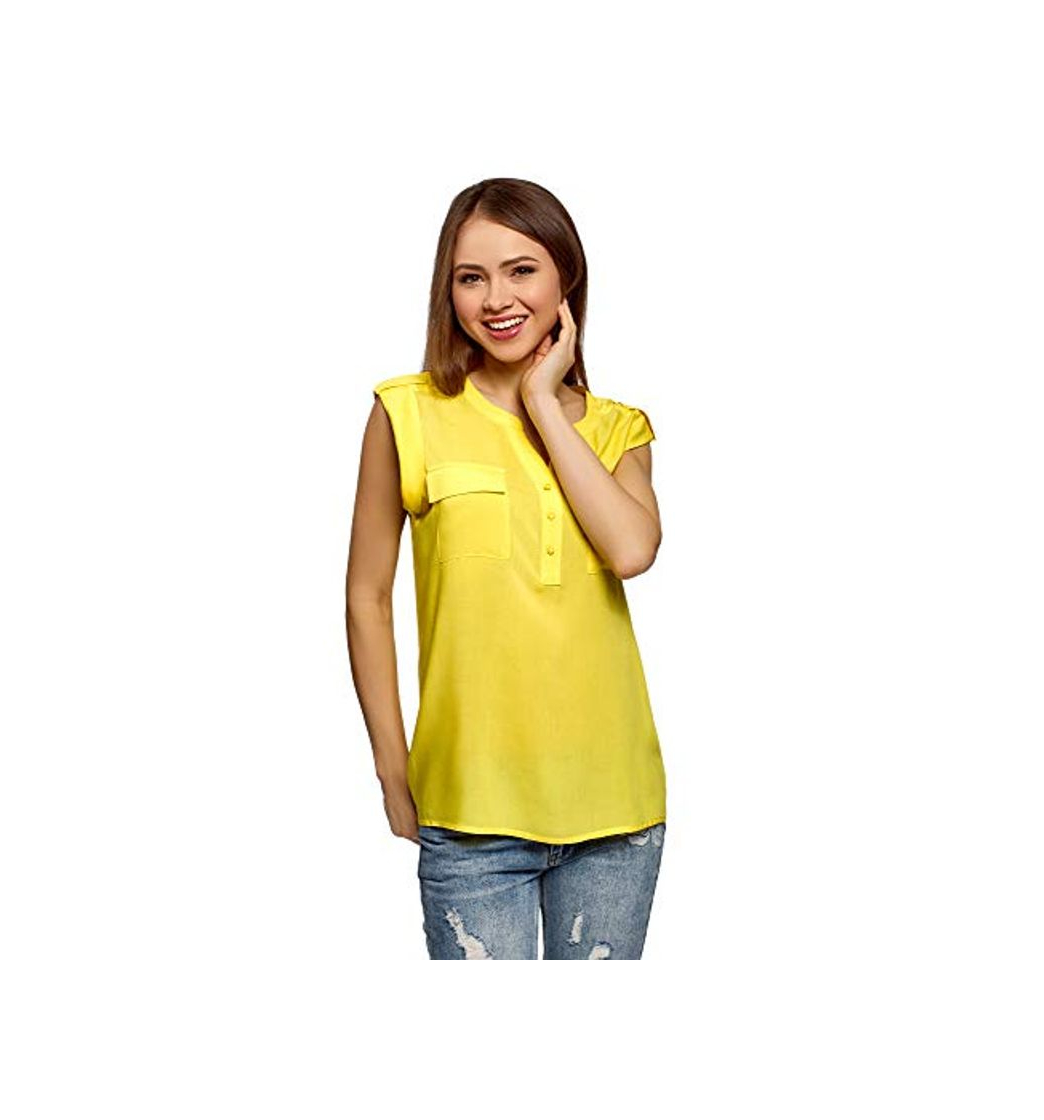 Social oodji Collection Mujer Blusa de Viscosa con Bolsillos en el Pecho, Amarillo,