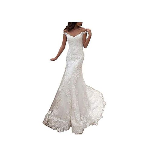 Vestido de Novia Mujer Sirena Largo Vestidos de Novia Encaje Manga del Casquillo Blanco EUR42