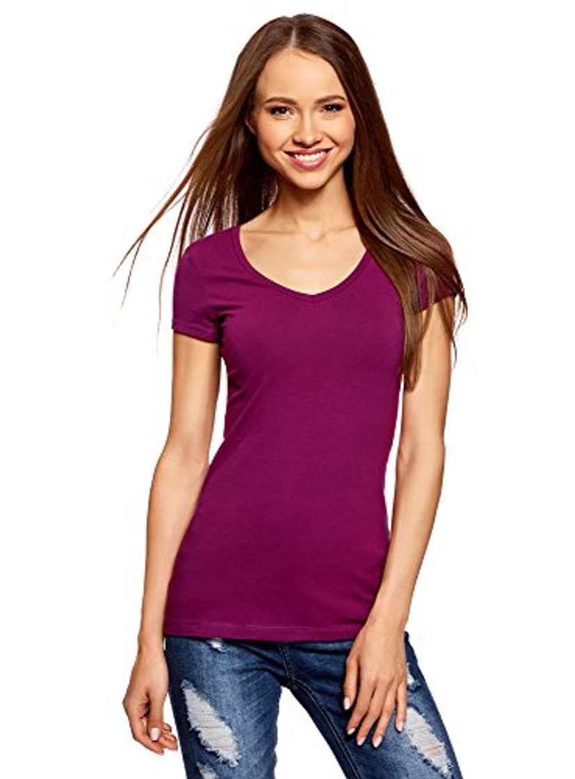 Moda oodji Collection Mujer Camiseta Básica con Escote en V, Morado, ES 36