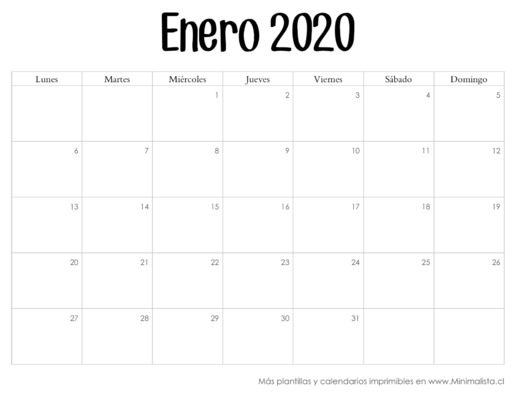 Calendarios 2020 para Imprmir - Minimalista