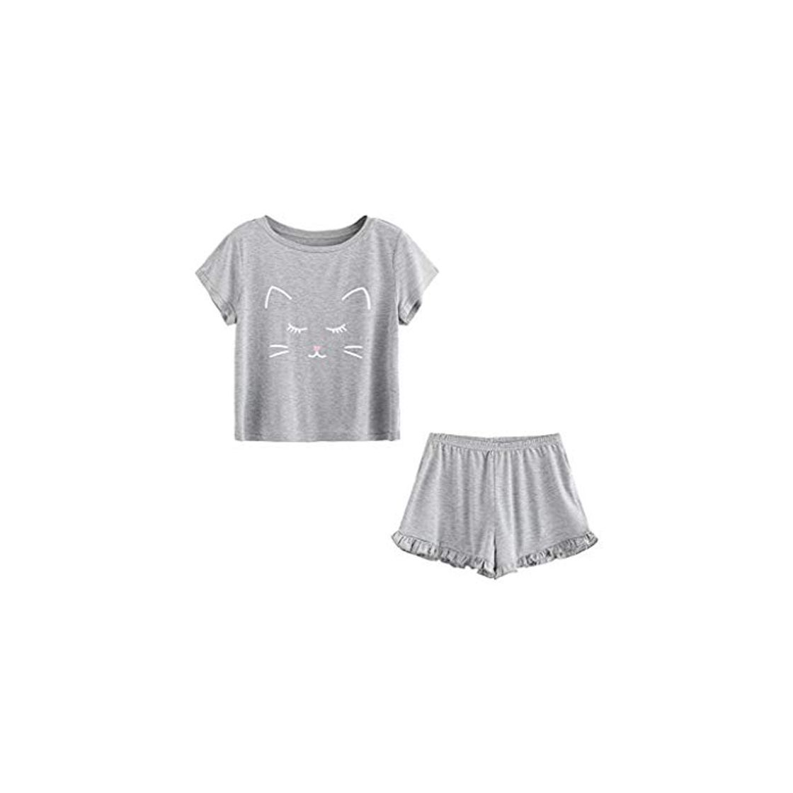 Moda Proumy Conjunto de Pijama Mujer Verano Básica Estampado de Gatos Camiseta Gris con Calzoncillos Blusa Talla Grande Camisa Transpirable Dos Piezas de Batas Largas Ropa de Dormir Cómoda con Manga Corta